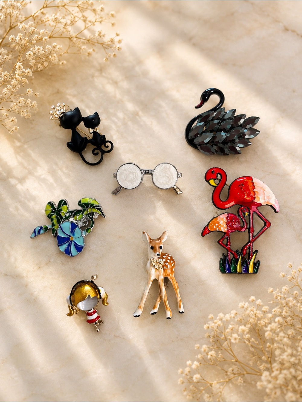 Great lot of 7 brooches- Flamingo, Deer, Swan, Cat, Glasses, flower & And girl